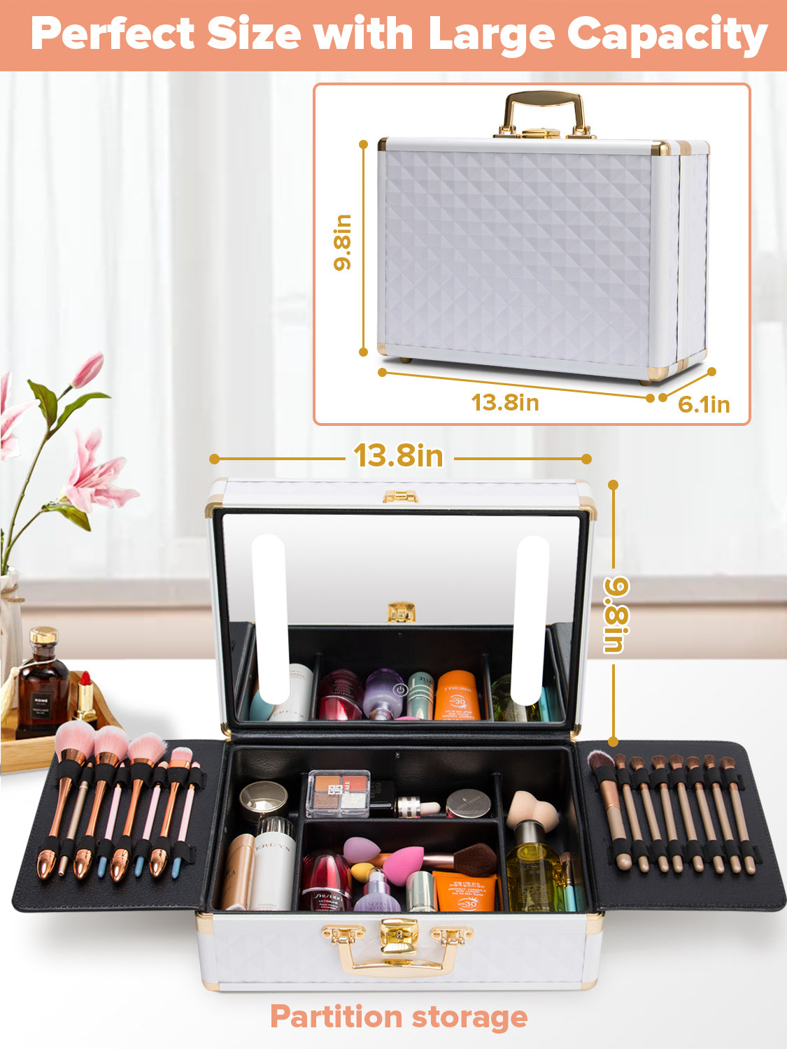 Portable makeup case, travel makeup bag with LED mirror, locked makeup storage box, brush holder, divider, rechargeable, white - V.I.P Digital Presence