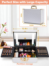Portable makeup case, travel makeup bag with LED mirror, locked makeup storage box, brush holder, divider, rechargeable, white - V.I.P Digital Presence