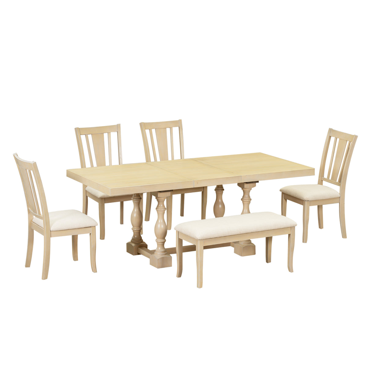 Traditional 6-Piece 78inch Trestle Extendable Dining Table Set with One 18inch Removable Leaf Padded Dining Chairs Bench,Natural - V.I.P Digital Presence