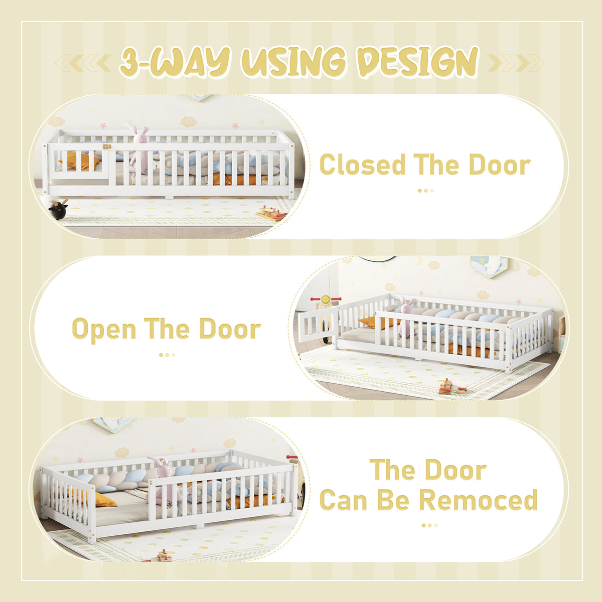 Twin Size Bed Floor Bed with Safety Guardrails and Door for Kids, White - V.I.P Digital Presence