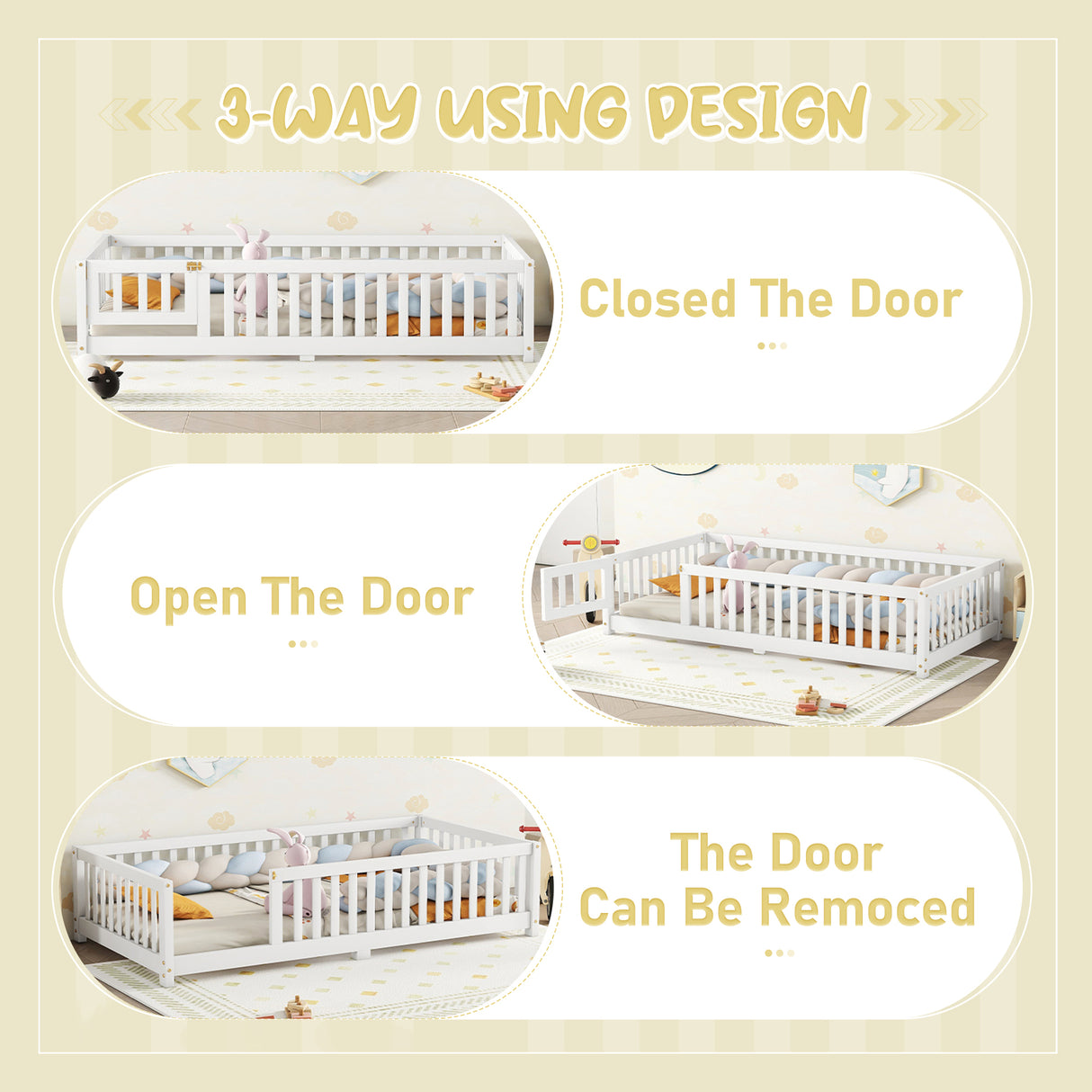 Twin Size Bed Floor Bed with Safety Guardrails and Door for Kids, White - V.I.P Digital Presence
