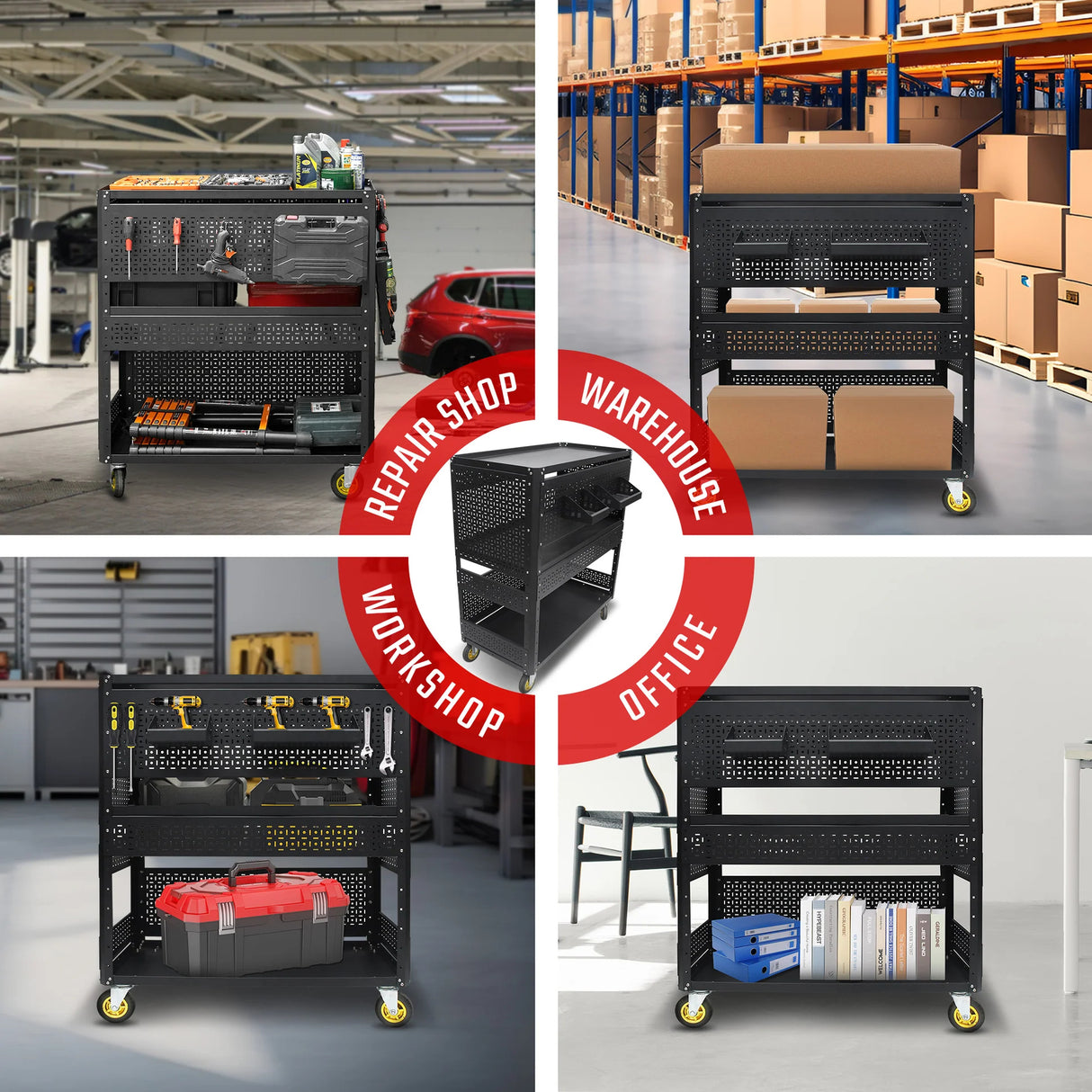 3-Tier Adjustable Rolling Tool Cart | Garage & Workshop Organizer w/ Steel Pegboard - V.I.P Digital Presence