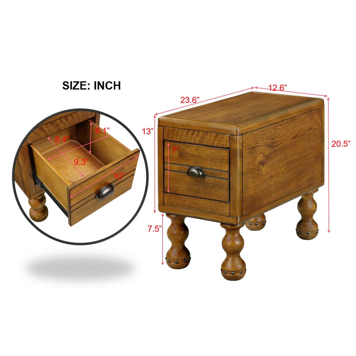 Solid wood end table, rectangular 23.6 inch narrow edge table with drawers, vintage bedside table， Antique Brown - V.I.P Digital Presence