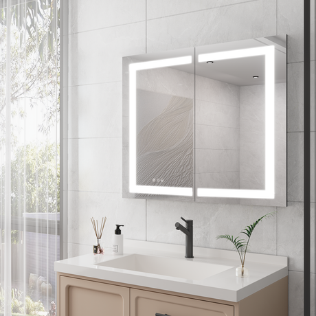 36 x 30 inch Medicine Cabinet with LED Vanity Mirror Anti-Fog  Recessed or Surface Mount Waterproof DimmableAluminum 3000K~6000K Lighted Double Door Bathroom Cabinet with Touch Switch - V.I.P Digital Presence