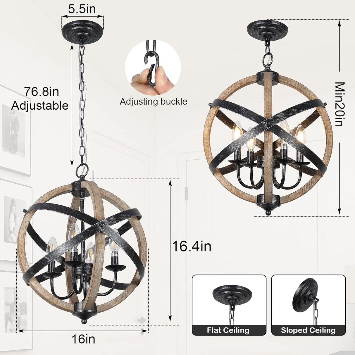 Farmhouse Chandelier Light Fixtures 4-Light Dining Room Light Fixtures Height Adjustable Rustic Wood Light - V.I.P Digital Presence