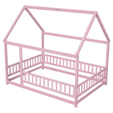 Full Size Floor Wooden Bed with House Roof Frame, Fence Guardrails ,Pink - V.I.P Digital Presence