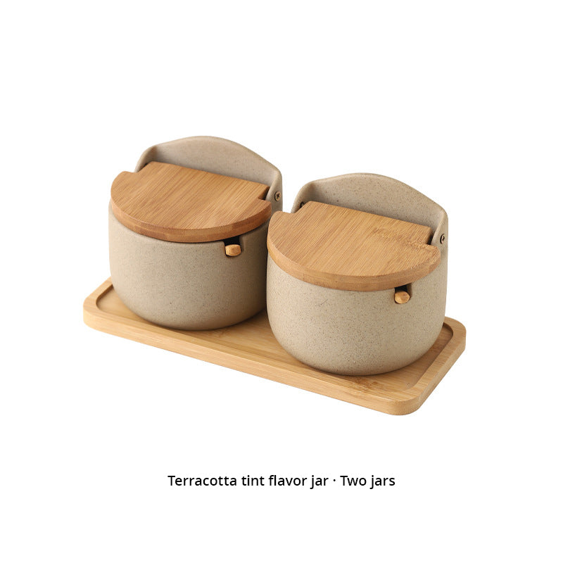 Japanese Ceramic Bamboo and Wood Lid Seasoning Jar Seasoning Box Kitchen Seasoning Storage Jar Salt Sugar Jar Set - V.I.P Digital Presence