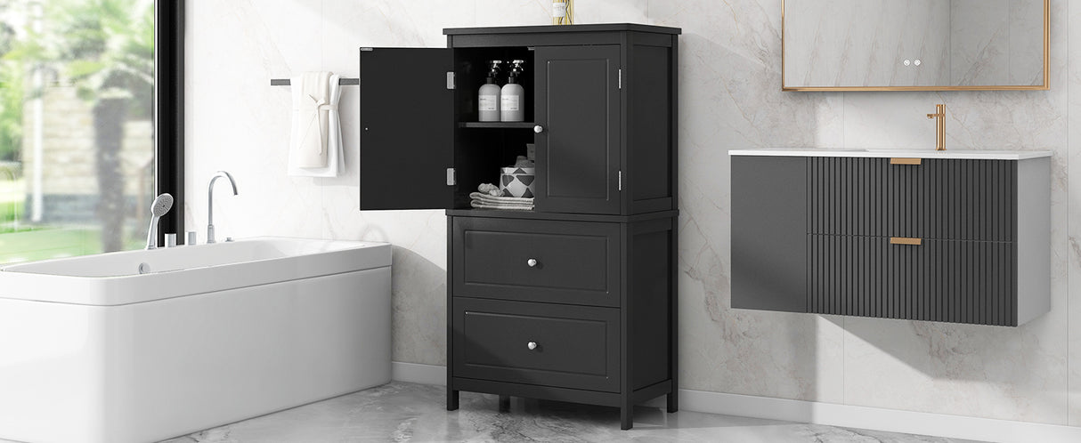 Bathroom Storage Cabinet, Cabinet with Two Doors and Drawers, Adjustable Shelf, MDF Board, Black - V.I.P Digital Presence