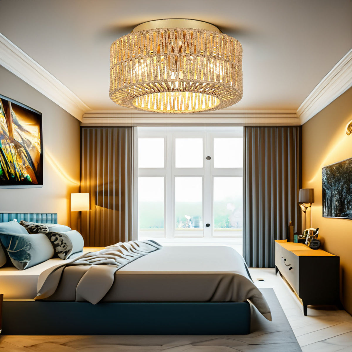Boho Light Fixtures Ceiling Mount 3-Light Farmhouse Rattan Ceiling Light Fixture Flush Mount Ceiling Light with Hand-Woven Shade - V.I.P Digital Presence