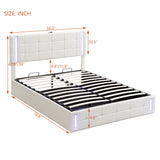 Full Size Upholstered Bed with LED Lights,Hydraulic Storage System and USB Charging Station,White