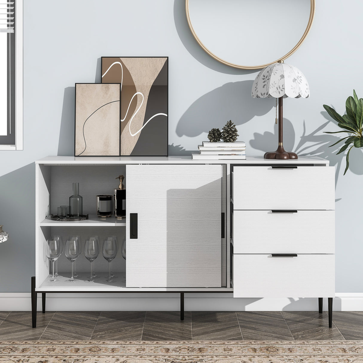 Modern characteristic storage cabinet side panel with glass sliding door and 3 drawers, dining table cabinet in white color - V.I.P Digital Presence