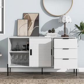 Modern characteristic storage cabinet side panel with glass sliding door and 3 drawers, dining table cabinet in white color - V.I.P Digital Presence