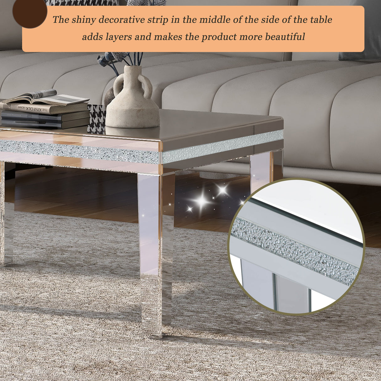 The ON-TRANS stylish modern glass mirrored coffee table features a crystal design and adjustable height legs in silver - V.I.P Digital Presence
