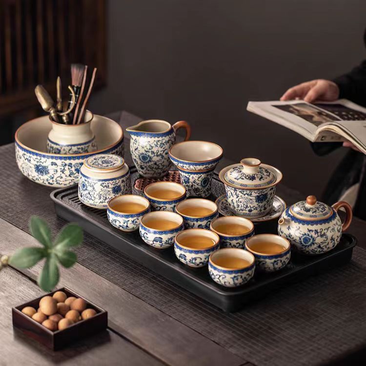 Blue and white rice yellow Ru kiln Kung Fu tea set household ceramic teapot - V.I.P Digital Presence