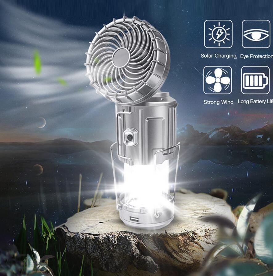 Portable Outdoor LED Camping Lantern With Fan Solar Charge Rechargeable Light Hanging Tent Lamp Fish Flashlight - V.I.P Digital Presence