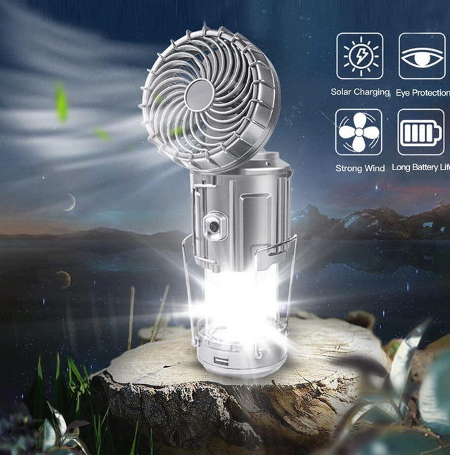 Portable Outdoor LED Camping Lantern With Fan Solar Charge Rechargeable Light Hanging Tent Lamp Fish Flashlight - V.I.P Digital Presence
