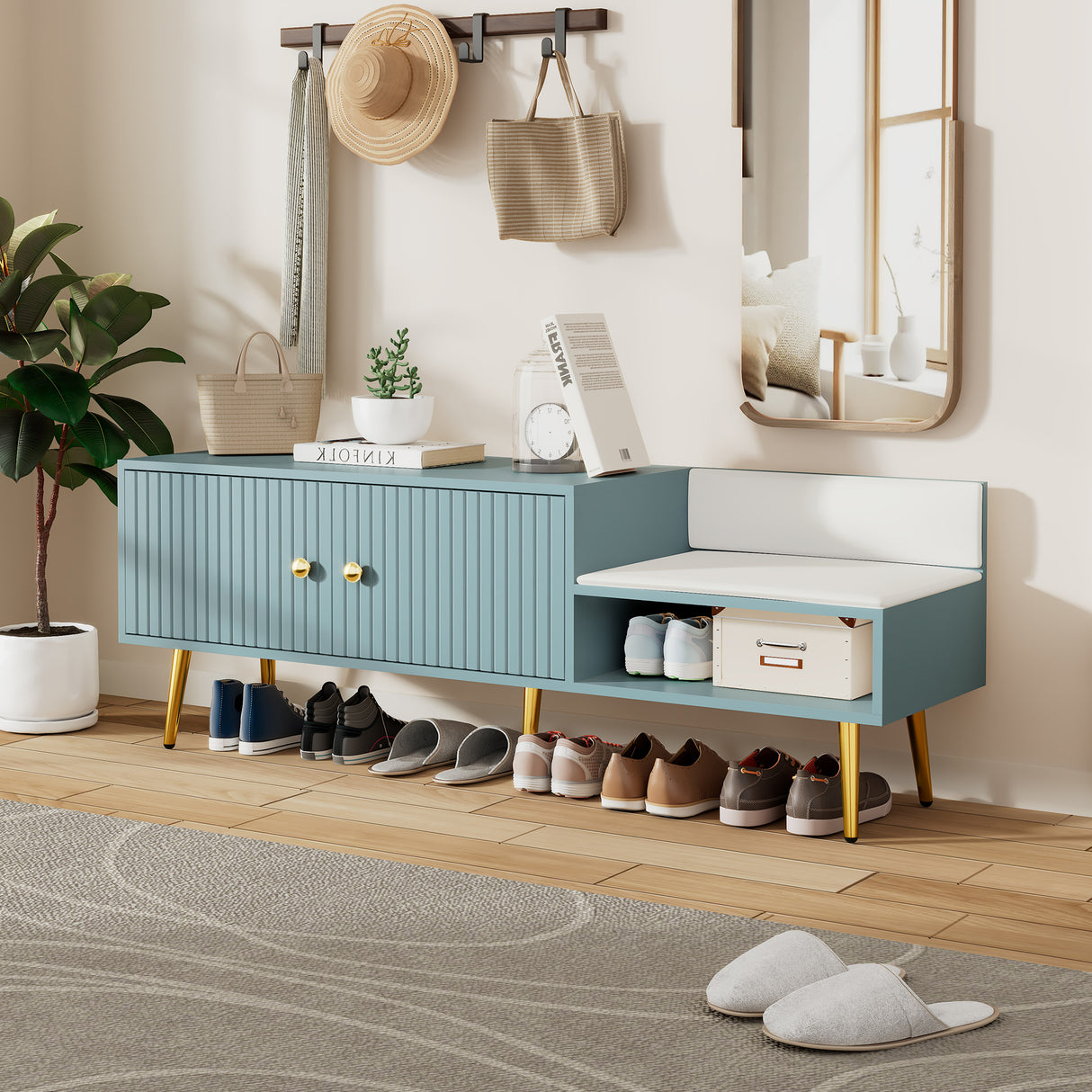 Modern Shoe Storage Bench with Hidden Storage and Upholstered Cushions for Bedside, Living Room and Entryway (Tiffany Blue) - V.I.P Digital Presence