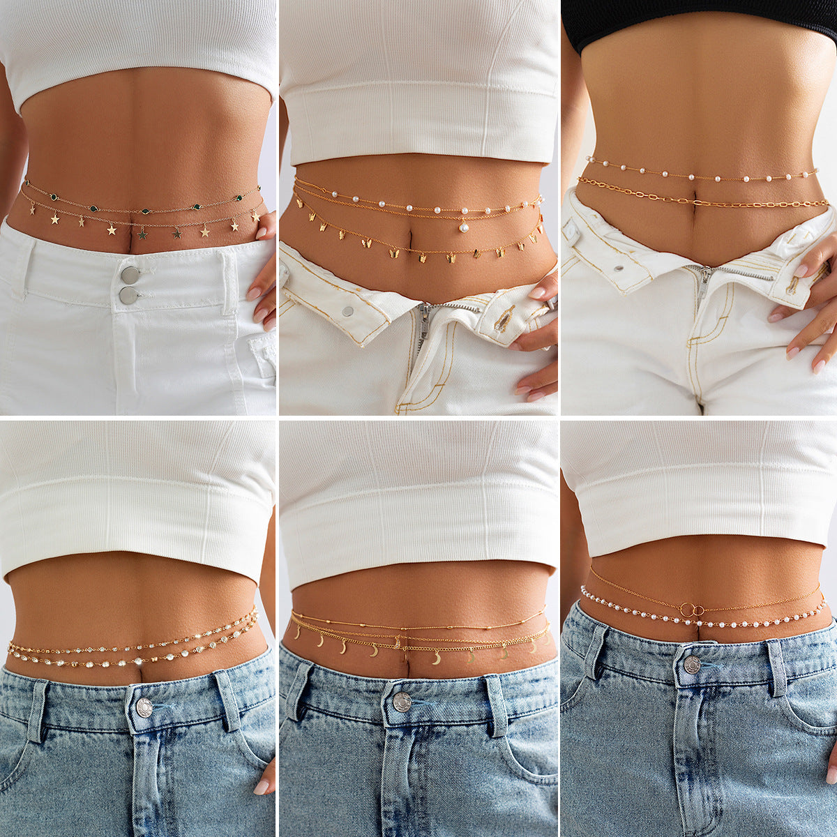 Stacked chain tassel star moon rhinestone waist chain sexy butterfly women's imitation pearl body chain - V.I.P Digital Presence
