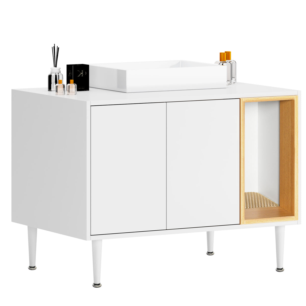 Bathroom sink cabinet, with cat trash can shell, hidden garbage pet bathroom, with partition, wooden cabinet furniture, white - V.I.P Digital Presence