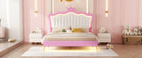 Full Size Upholstered Bed Frame with LED Lights, Modern Upholstered Princess Bed with Crown Headboard, Pink+White - V.I.P Digital Presence
