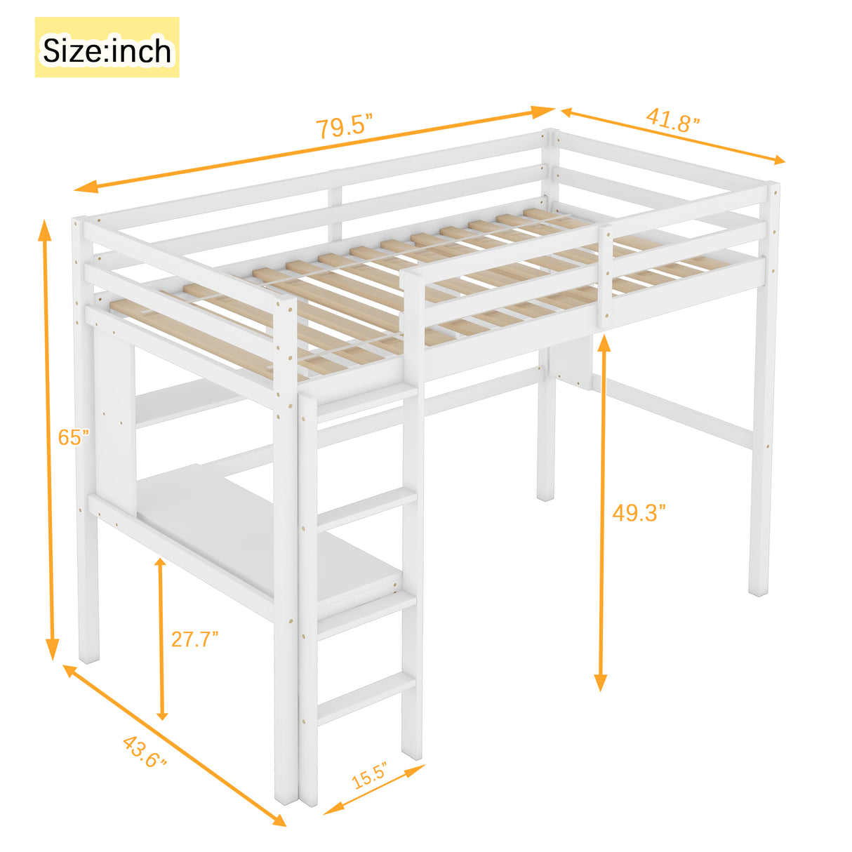 Twin Loft Bed with built-in desk and bookcase of three compartments, Guardrails and Ladder,White - V.I.P Digital Presence