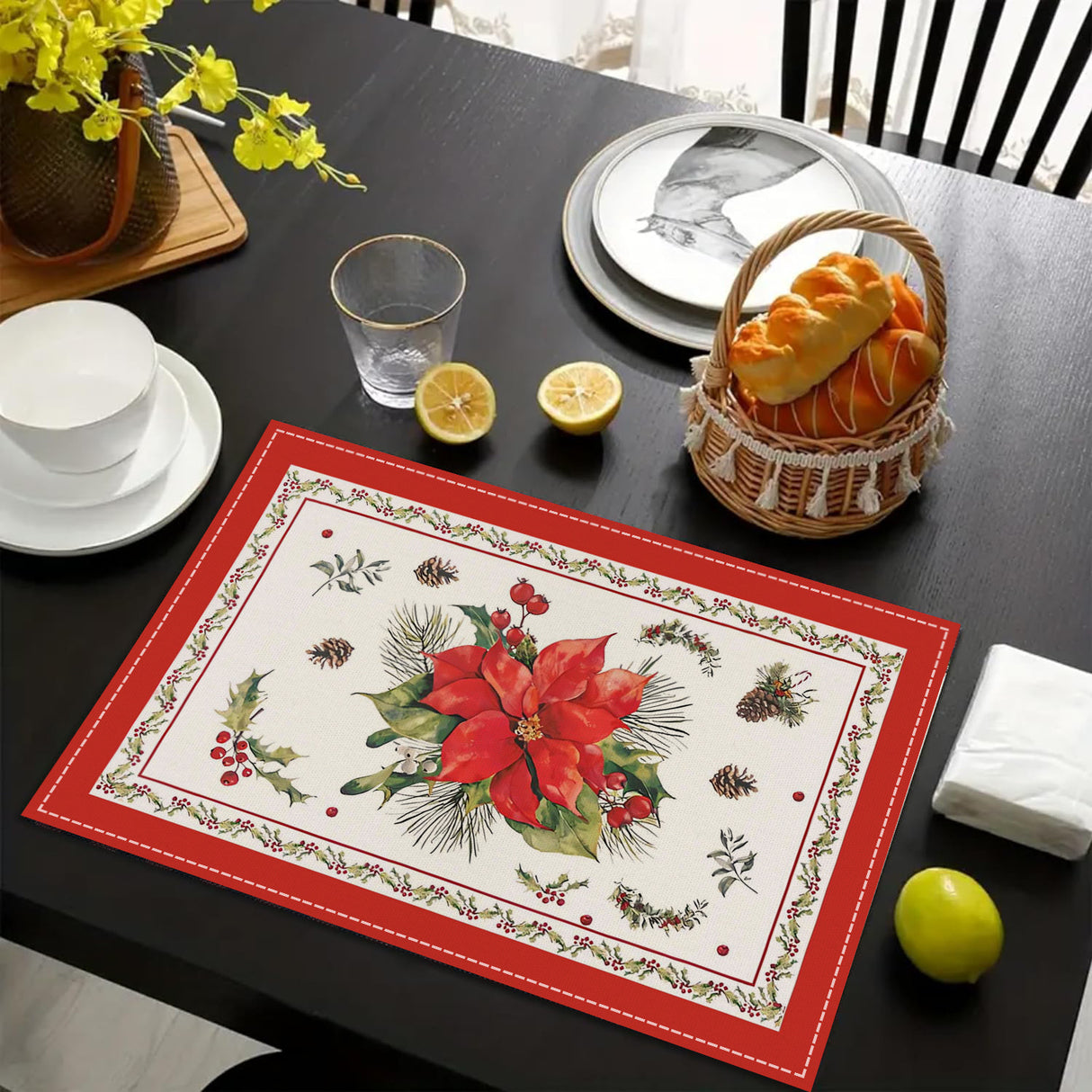 Christmas tree bell print placemat red striped plaid linen table mat Christmas party decoration insulation mat - V.I.P Digital Presence