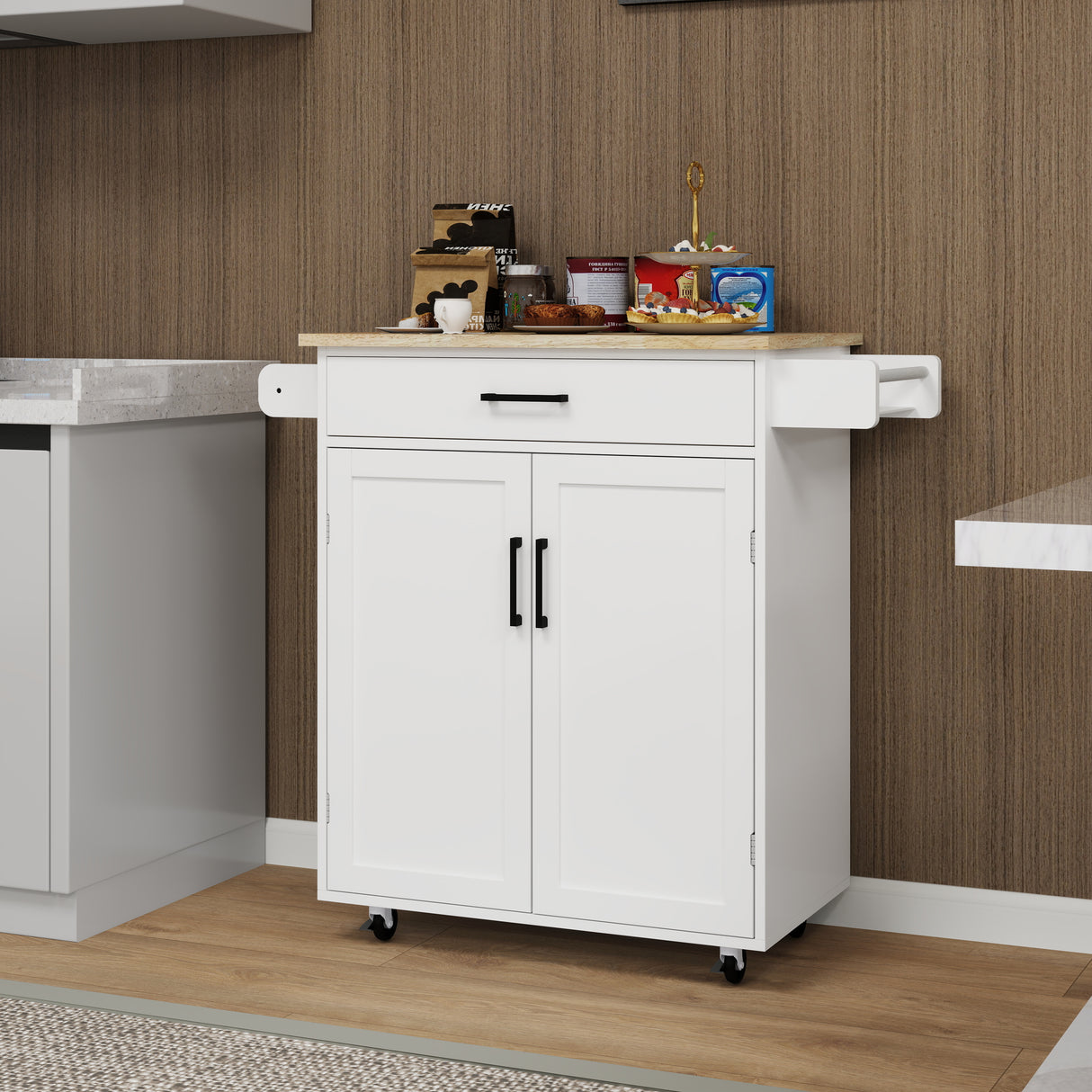 Kitchen island rolling trolley cart with 1 drawer & 2 doors with storage racks & Adjustable Shelves & towel rack - V.I.P Digital Presence