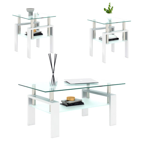 Set of 2, Modern Tempered Glass Tea Table Coffee Table End Table, Square Table for Living Room, Transparent/White - V.I.P Digital Presence