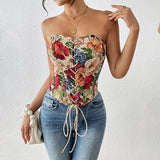 Retro strapless floral print slim fit new lace up chest hugging niche vest - V.I.P Digital Presence