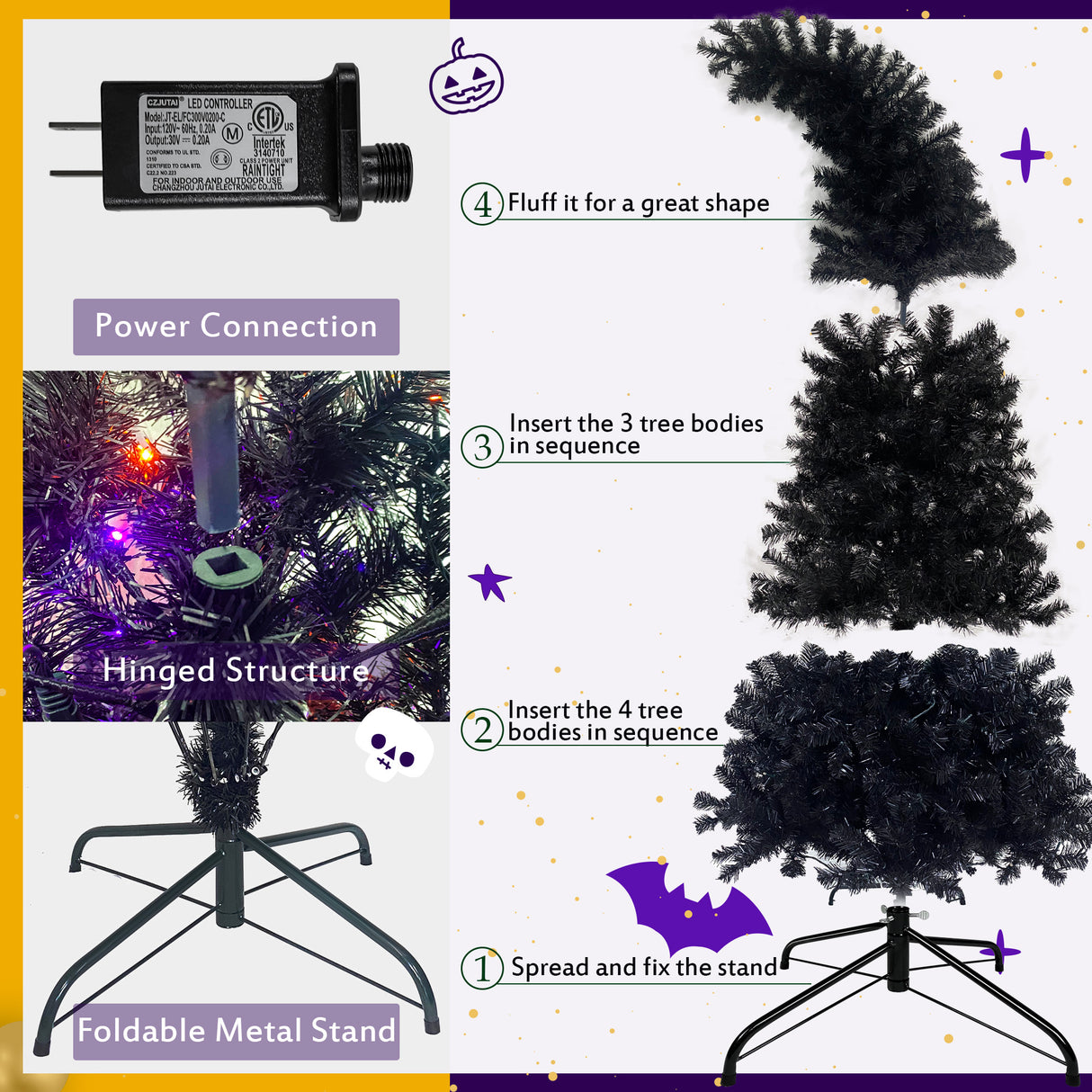 6FT artificial fir curved top Halloween tree, with 1080 lush branch tips and 300 LED lights in a Christmas and Halloween style - V.I.P Digital Presence