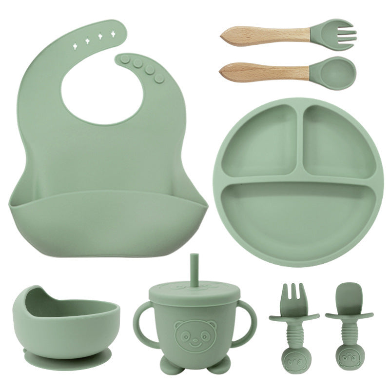 8PCS Mother and baby silicone bibs, silicone dinner plates, eight-piece set, baby food training suction cup bowl, baby divided tableware set - V.I.P Digital Presence