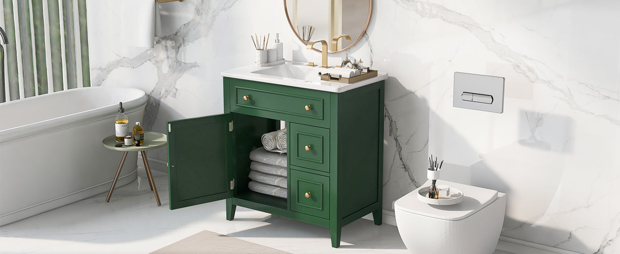 30" Bathroom Vanity with Sink Top, Bathroom Vanity Cabinet with Door and Two Drawers, Solid Wood Frame, One Package, Green - V.I.P Digital Presence