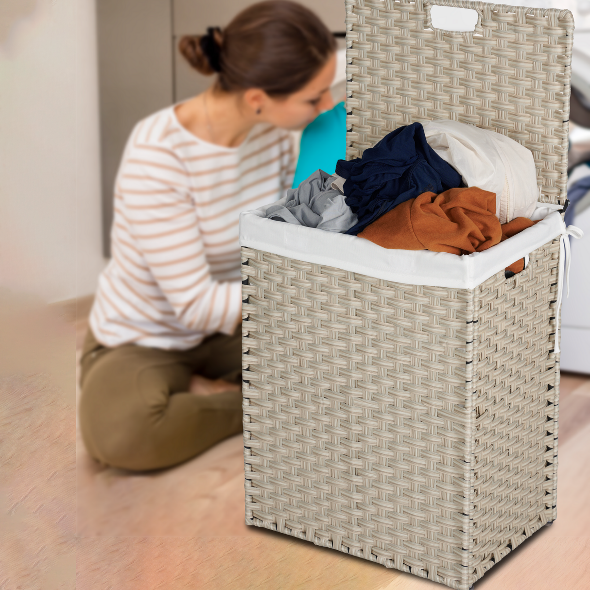 Laundry Hamper With Lid PE Rattan Powder Coating Frame Clothes Hampers with 02 Removable Bags, 100L, Grey Color - V.I.P Digital Presence