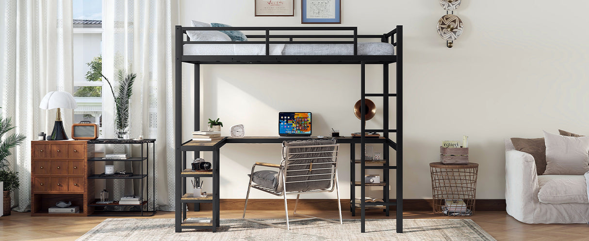 Full metal loft bed with desk and shelf, loft bed with ladder and guardrail, bedroom loft bed frame, black - V.I.P Digital Presence