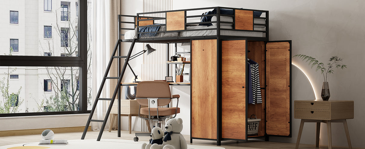 Twin Size Loft bed with L-shape Desk and Wardrobe, Black - V.I.P Digital Presence