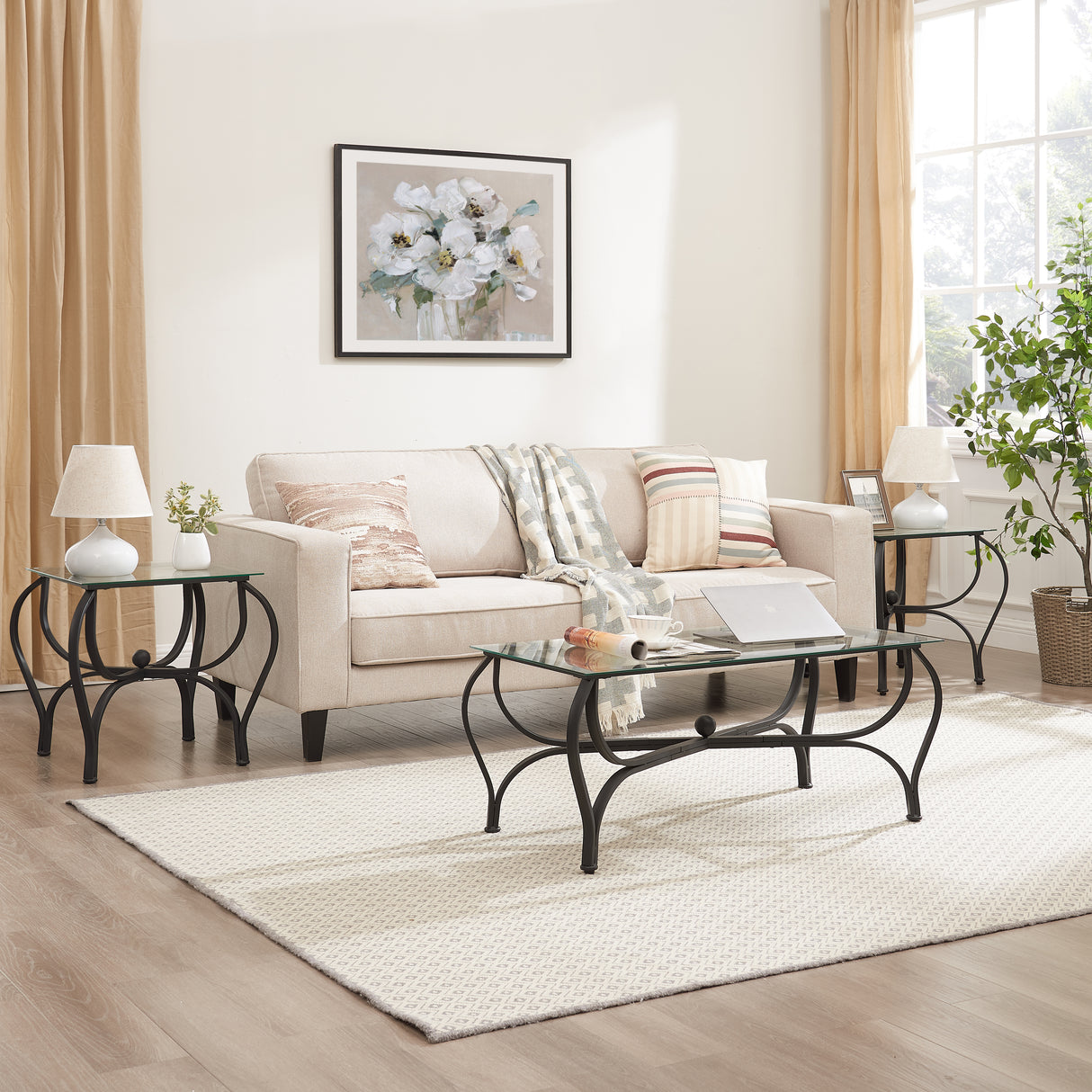 Tempered glass surface 3-piece coffee table decoration rectangular coffee table with 2 square end tables (country black) - V.I.P Digital Presence