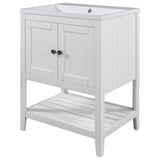 24" White Modern Sleek Bathroom Vanity Elegant Ceramic Sink with Solid Wood Frame Open Style Shelf - V.I.P Digital Presence