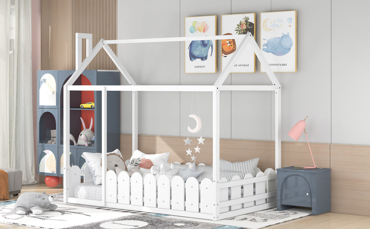 {Slats are not included}Twin Size Wood Bed House Bed Frame with Fence for KidsTeens Girls Boys {White}