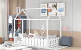 {Slats are not included}Twin Size Wood Bed House Bed Frame with Fence for KidsTeens Girls Boys {White}