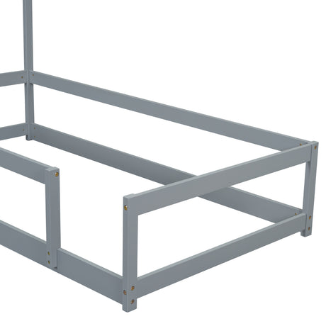 Twin Size Wood bed with House-shaped Headboard Floor bed with Fences,Grey - V.I.P Digital Presence