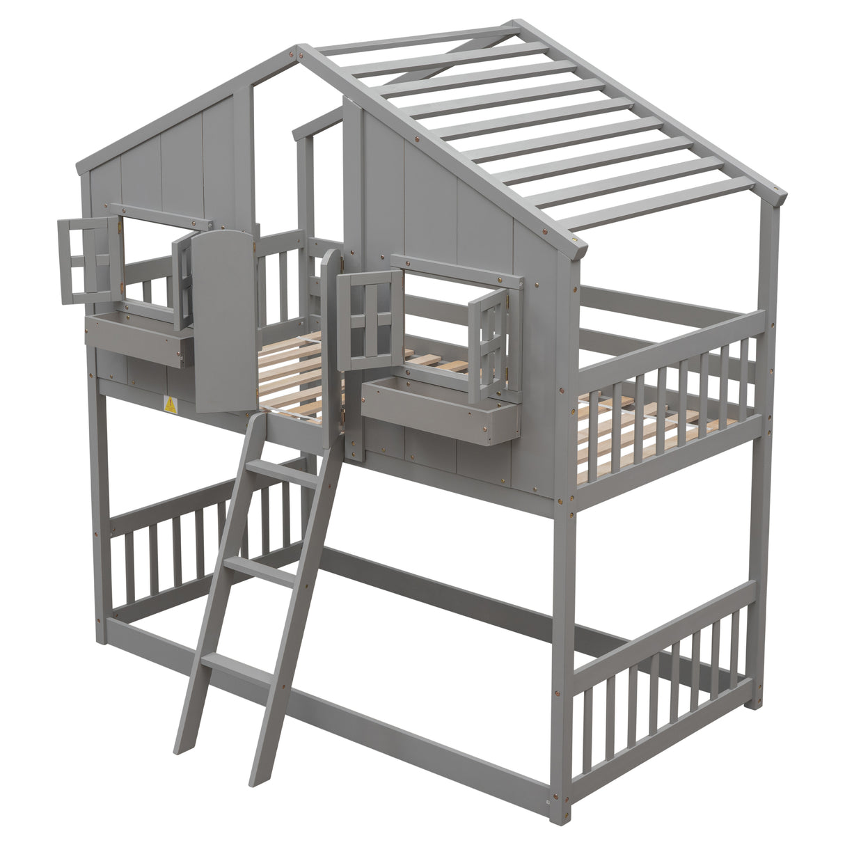 Twin over Twin House Bunk Bed with Roof , Window, Window Box, Door , with Safety Guardrails and Ladder, Grey - V.I.P Digital Presence