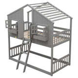 Twin over Twin House Bunk Bed with Roof , Window, Window Box, Door , with Safety Guardrails and Ladder, Grey - V.I.P Digital Presence