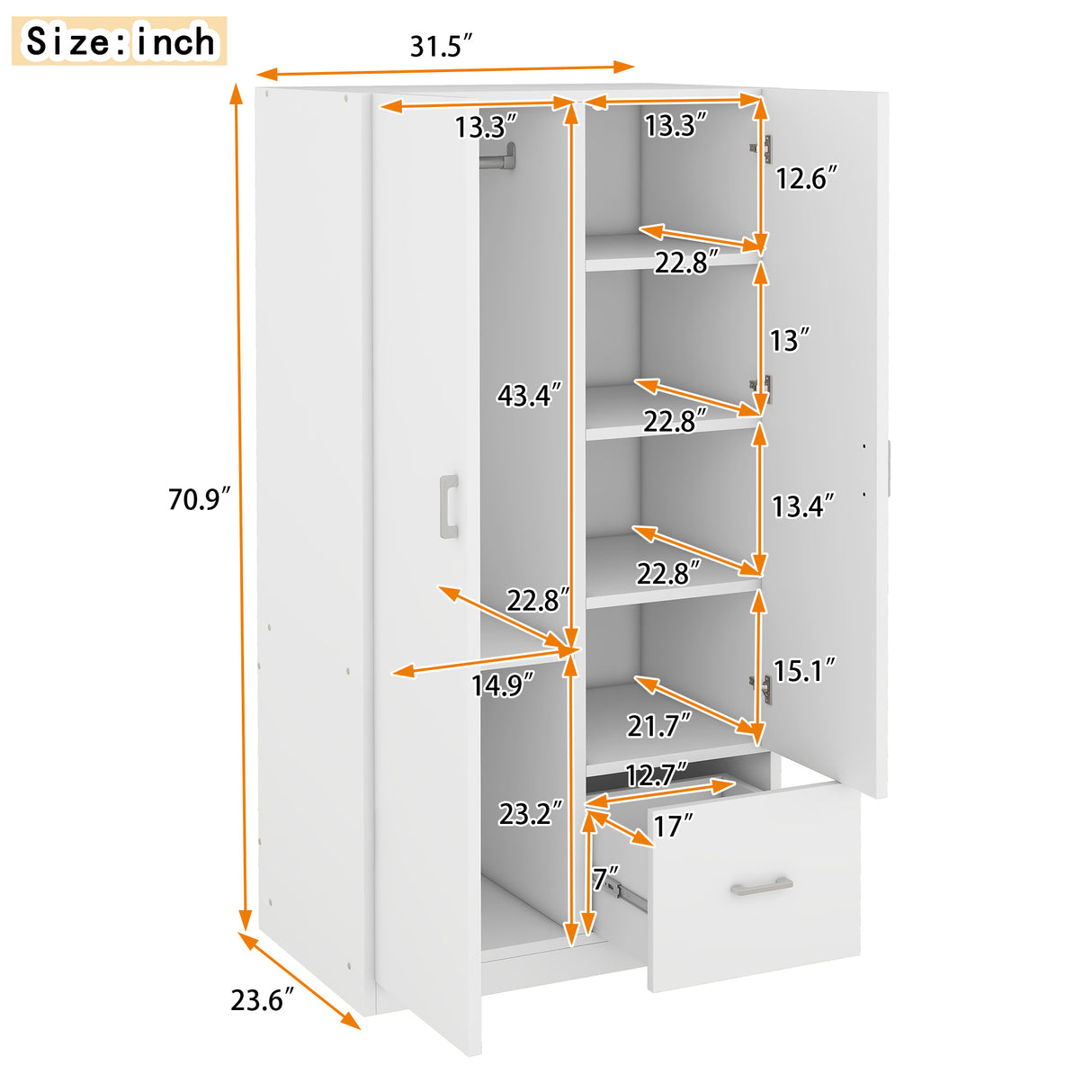 Wooden Wardrobe with Double Doors, Armoire with Hanging Rod, 5 Fixed Shelves, One Storage Drawer,White - V.I.P Digital Presence