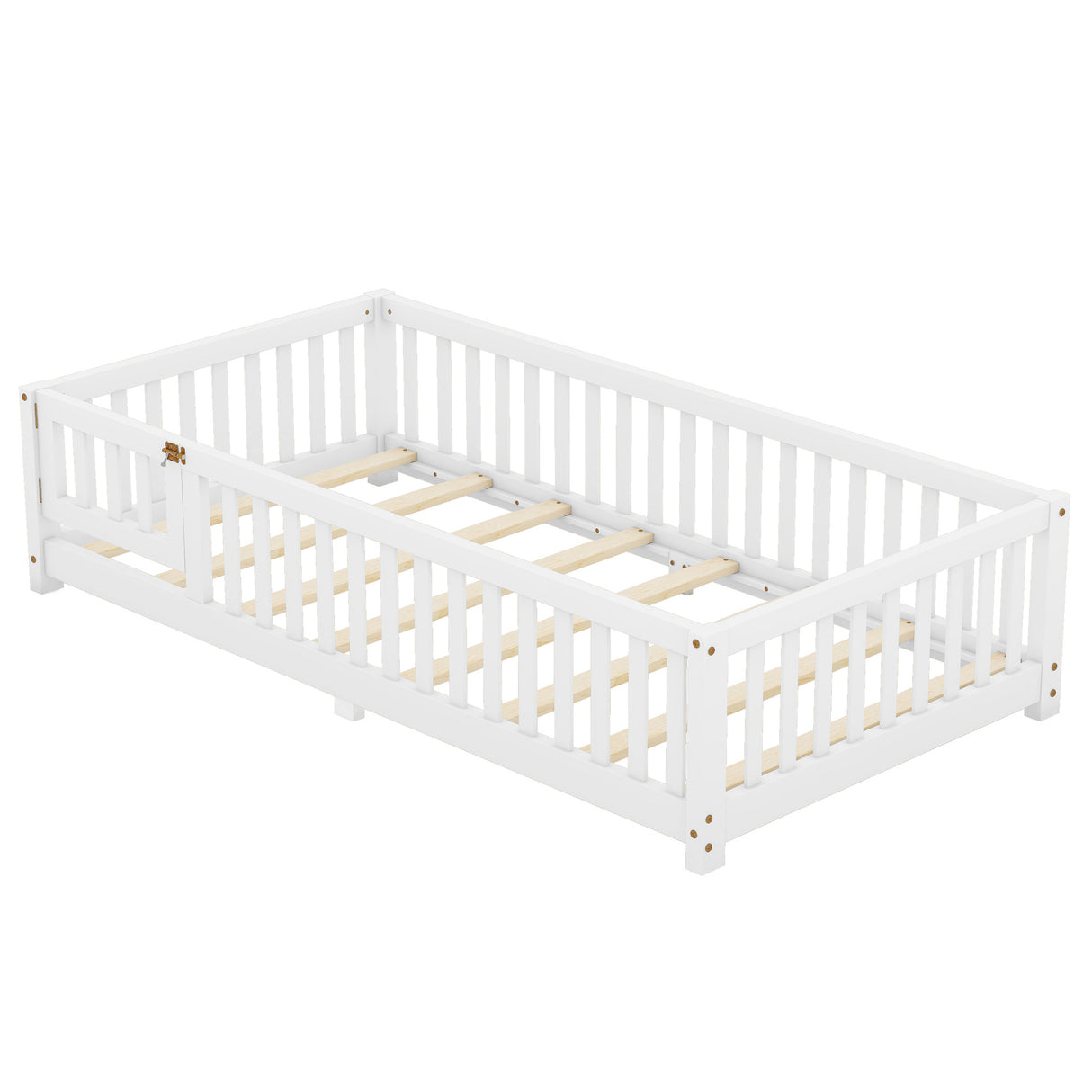 Twin Size Bed Floor Bed with Safety Guardrails and Door for Kids, White - V.I.P Digital Presence