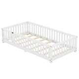 Twin Size Bed Floor Bed with Safety Guardrails and Door for Kids, White - V.I.P Digital Presence