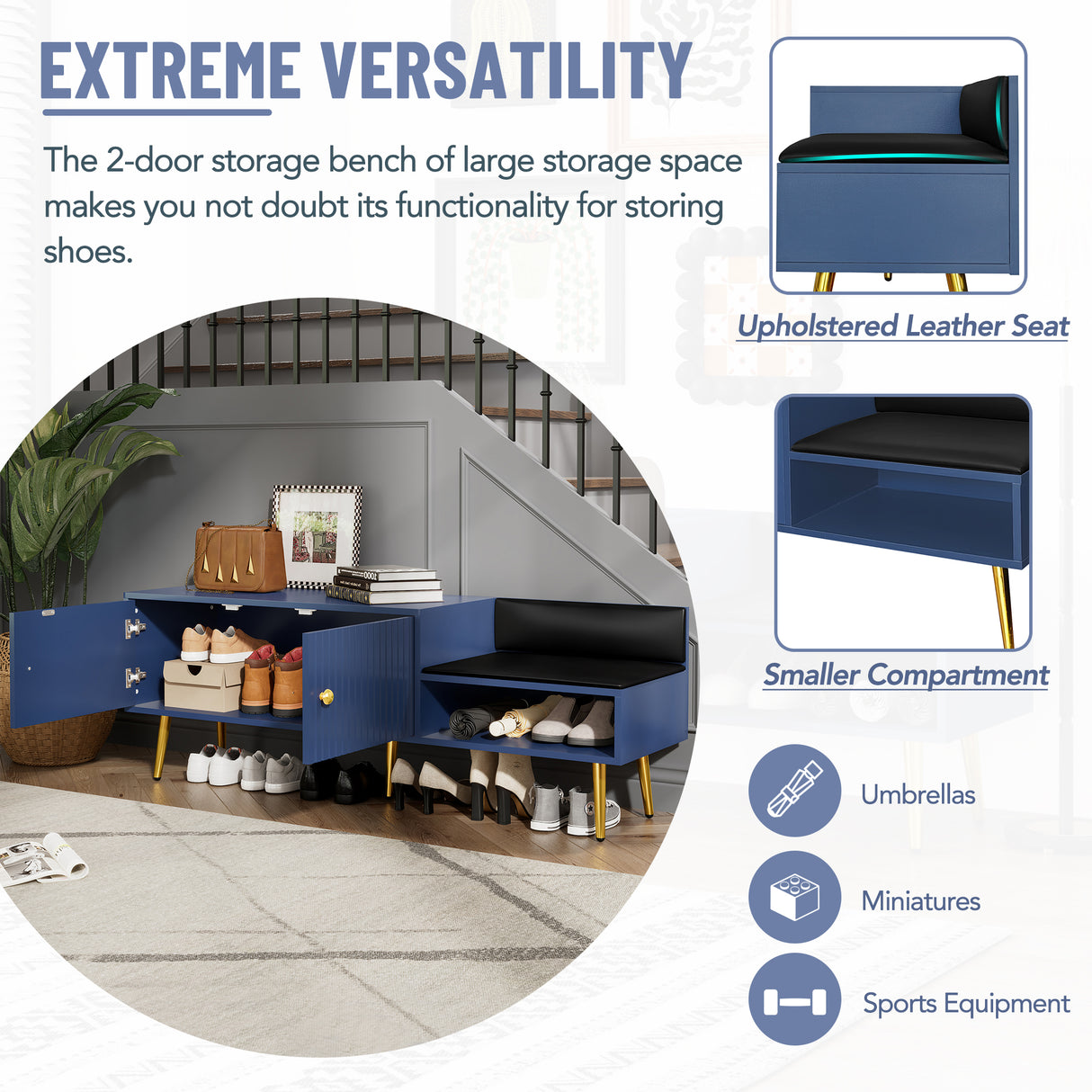 Modern Shoe Storage Bench with Hidden Storage and Upholstered Cushions for Bedside, Living Room and Entryway (Navy) - V.I.P Digital Presence