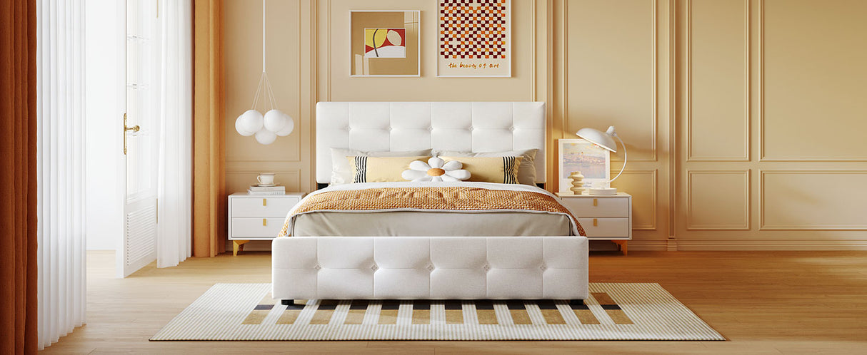 Upholstered Platform Bed with Classic Headboard and 4 Drawers No Box Spring Needed Linen Fabric Queen Size White - V.I.P Digital Presence
