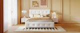 Upholstered Platform Bed with Classic Headboard and 4 Drawers No Box Spring Needed Linen Fabric Queen Size White - V.I.P Digital Presence