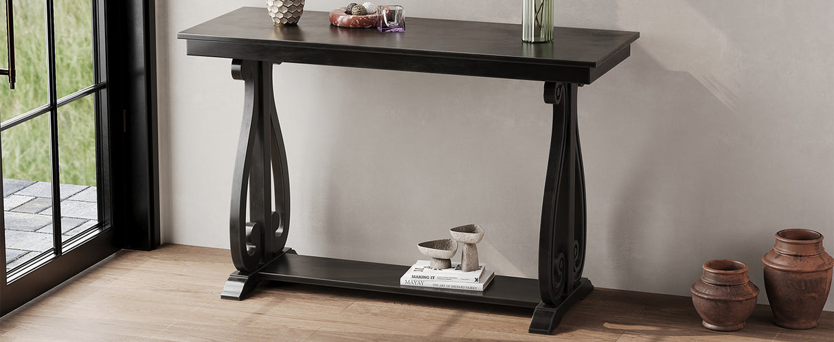 48-Inch Rustic Vintage Console Table --- Farmhouse Style Entryway Table with Open Shelf and Sturdy Construction (Black) - V.I.P Digital Presence