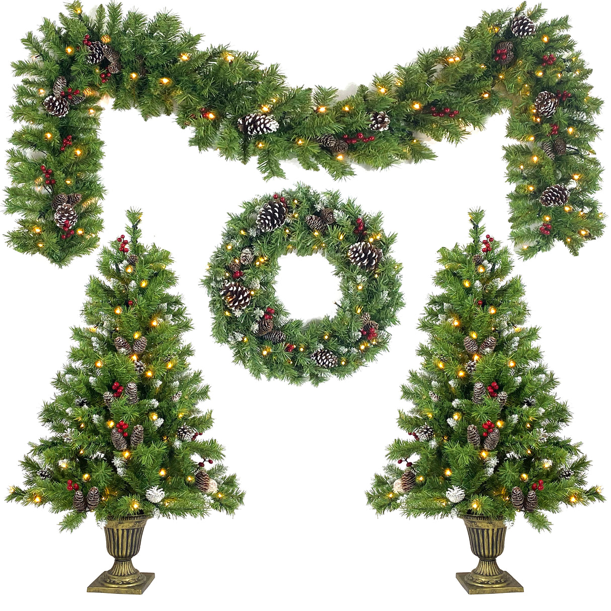 Christmas Tree Artificial Christmas 4-piece Set, including flower wreath, flower wreath, and 2 entrance trees, with LED lights - V.I.P Digital Presence